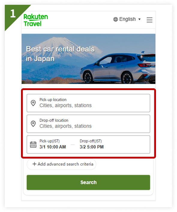 1. Search for a rental car