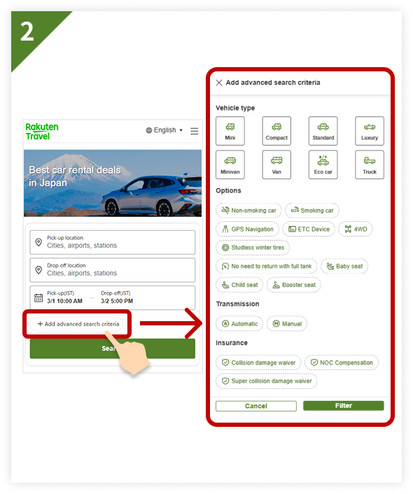 1. Search for a rental car