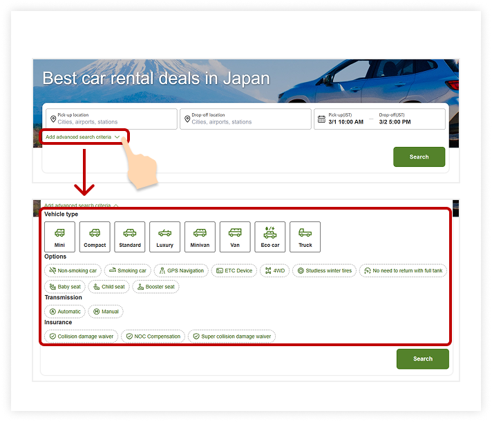 1. Search for a rental car