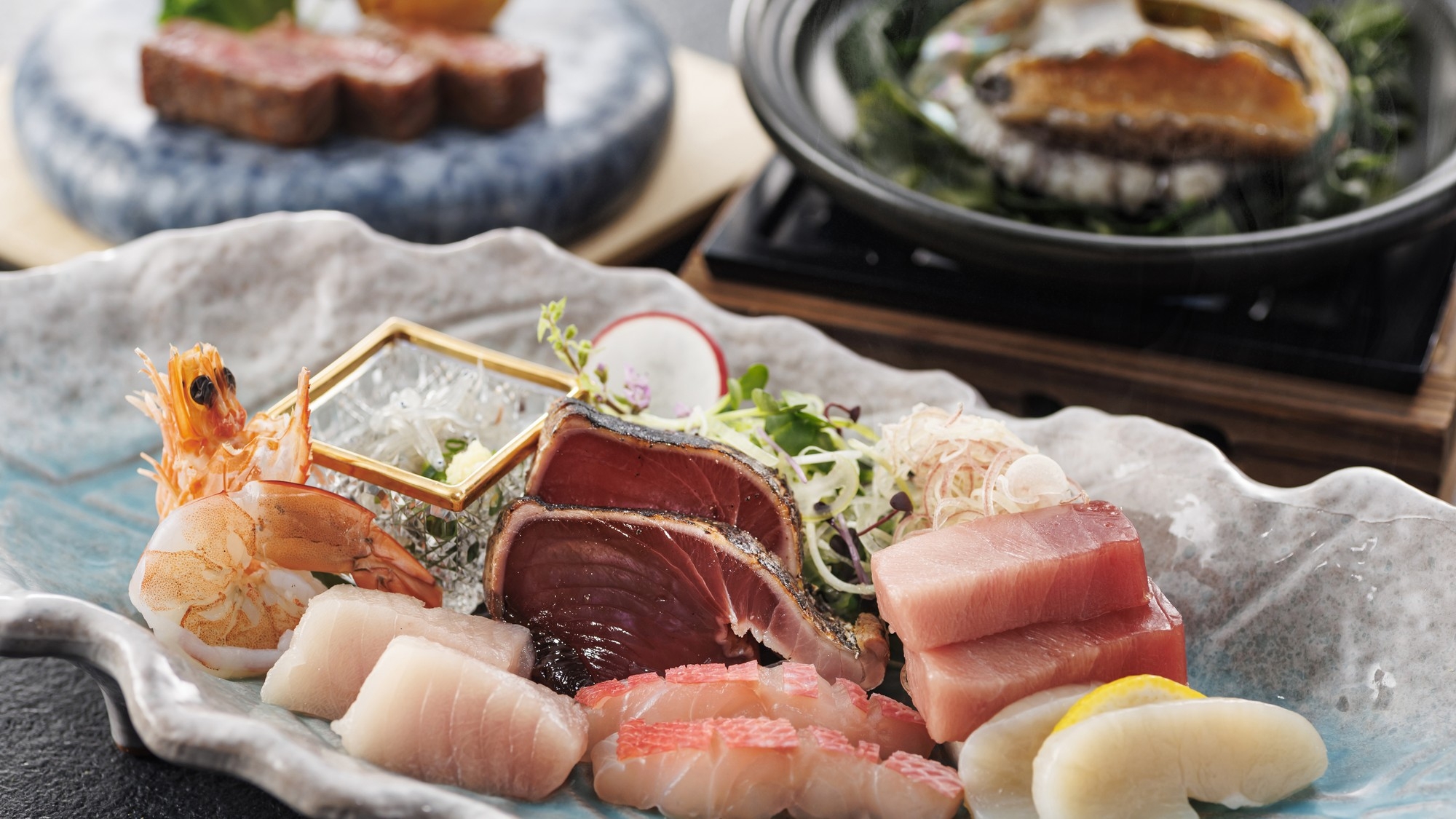 【2025年7月リニューアル/極み会席】金目鯛土鍋ご飯が付いた焼津ミナミマグロと特選和牛の極み会席
