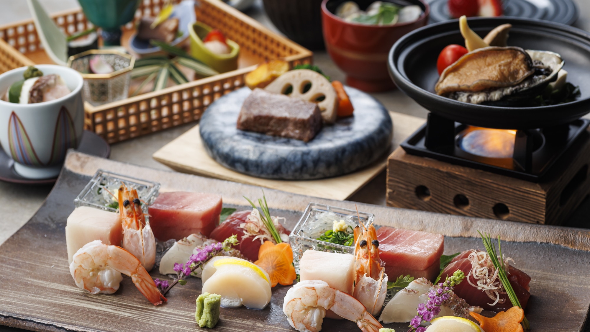 【特別会席】焼津ミナミマグロ等豪華七種盛と特選和牛の料理長のおすすめ特別会席