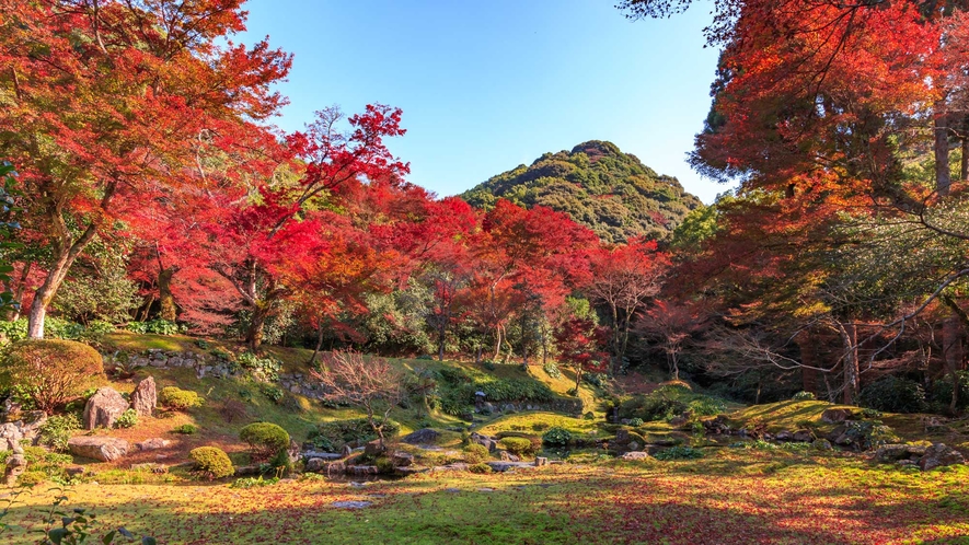 【周辺観光】池には鶴と亀をかたどった小島を置き、滝をそそぎこませるなど、自然を凝縮したような庭。