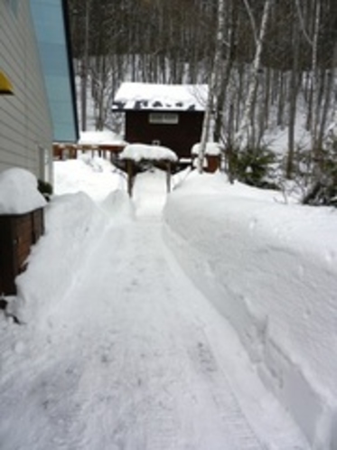 冬季、ゲストハウスへの雪道。