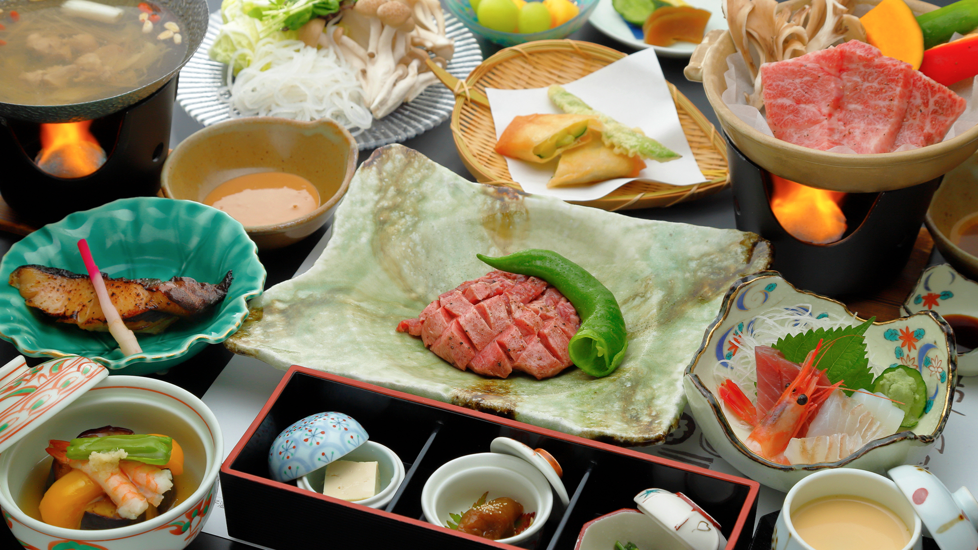 【一汁九菜・希少部位 霜降り牛タン付リッチプラン」希少部位の霜降り牛タンと仙台牛の食べ比べを堪能!