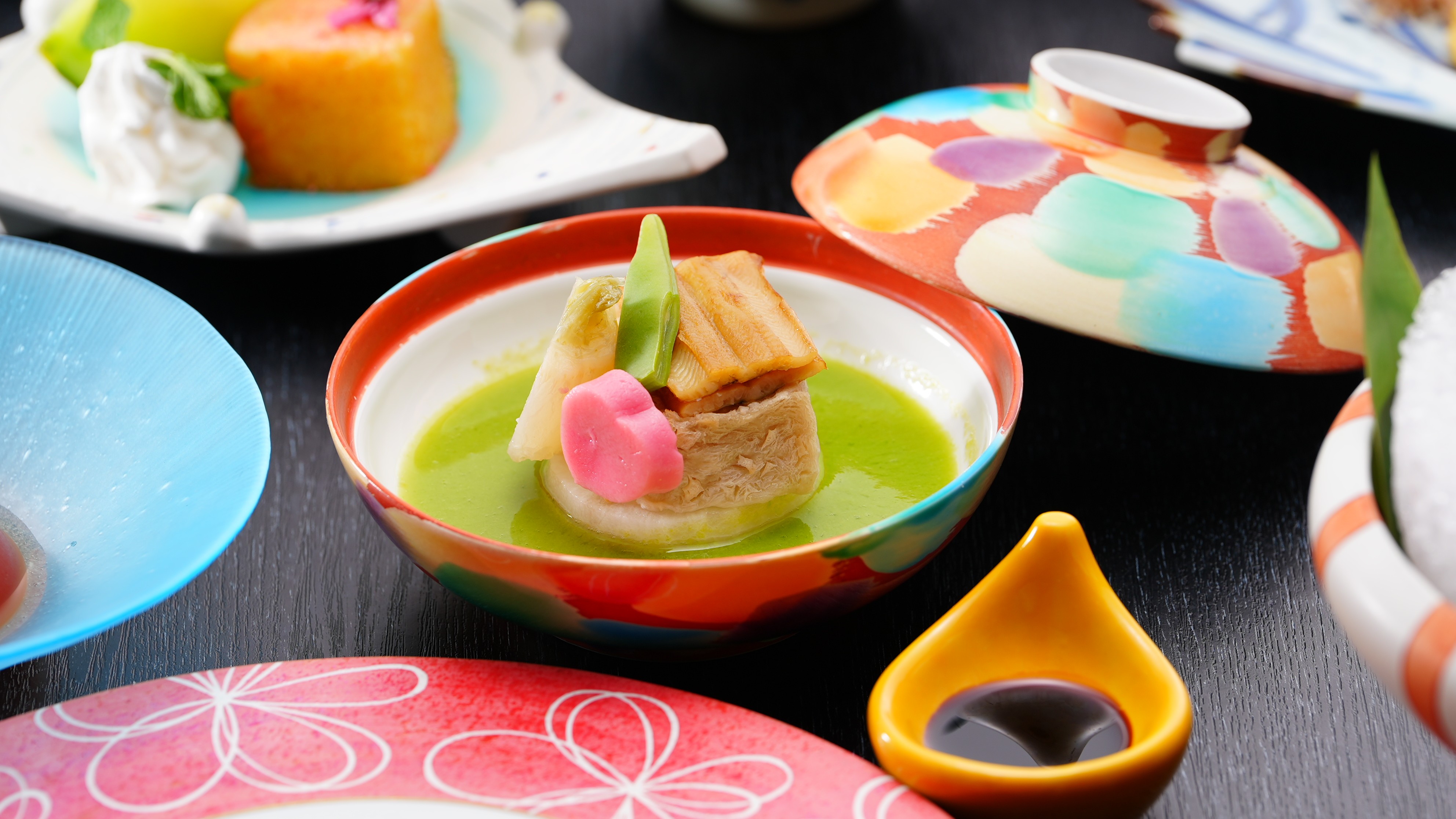 春の基本会席　焼蓮根豆腐うすい餡かけ