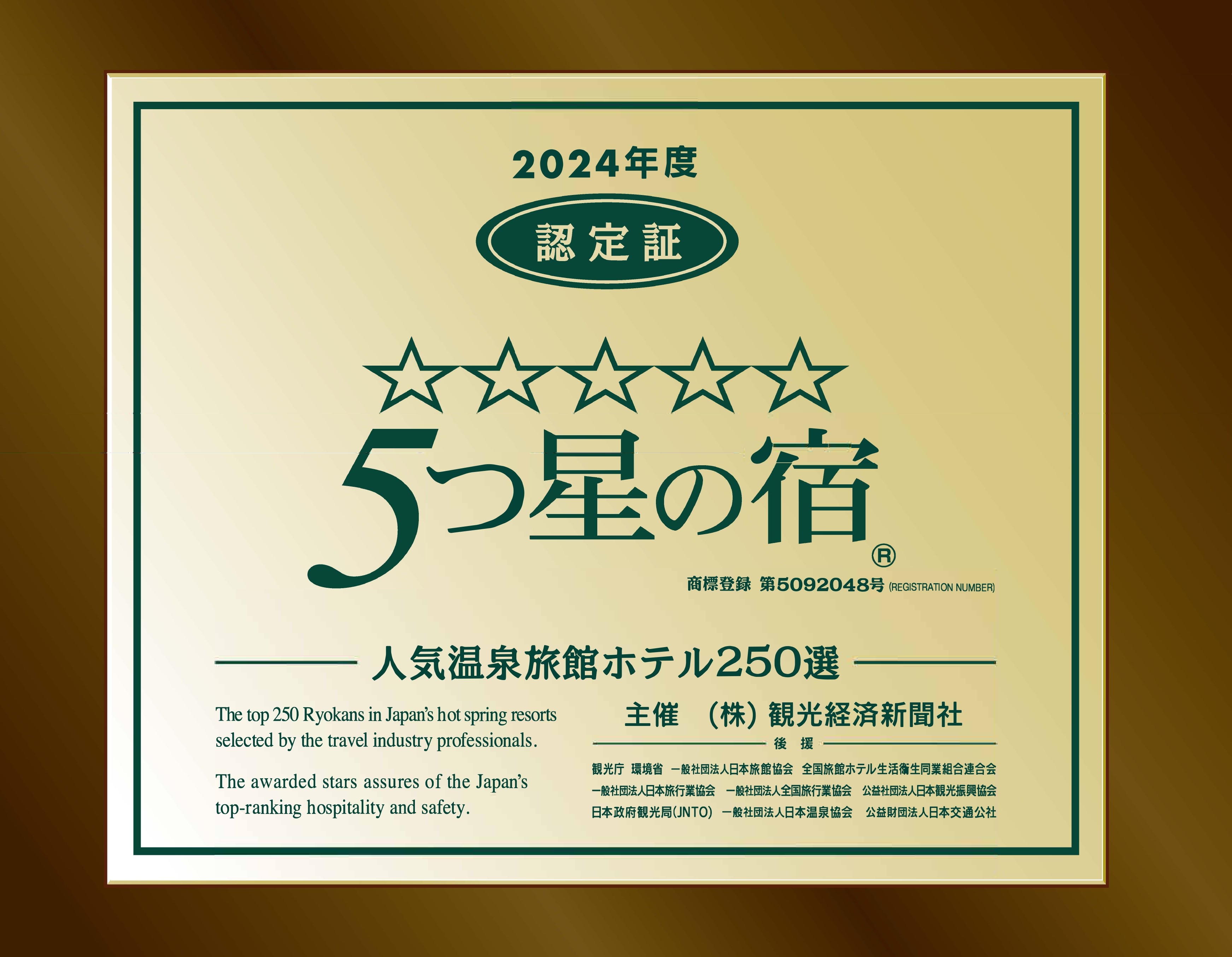 五つ星の宿PLATINUM認定証