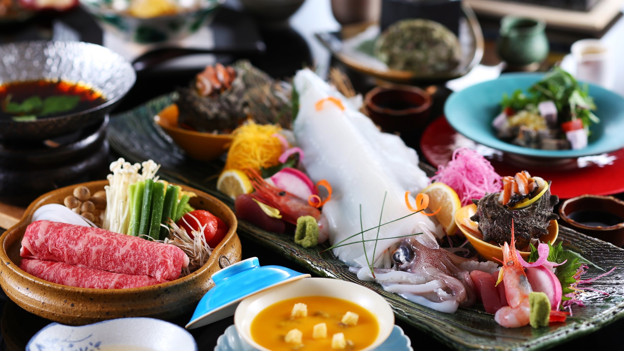 【早期割14】【夏/一押し】夏の贅沢〜特選会席〜＜白イカ姿造り・アワビ・但馬牛・但馬鶏＞