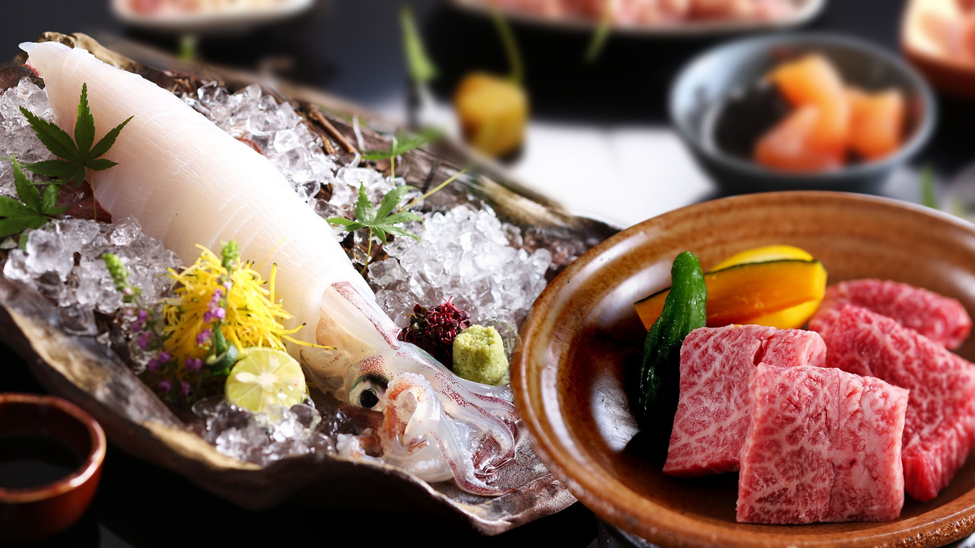 【夏/2大グルメ】「但馬」の地元銘柄を味わう＜浜坂産白イカ姿造り・但馬牛陶板焼き60g＞