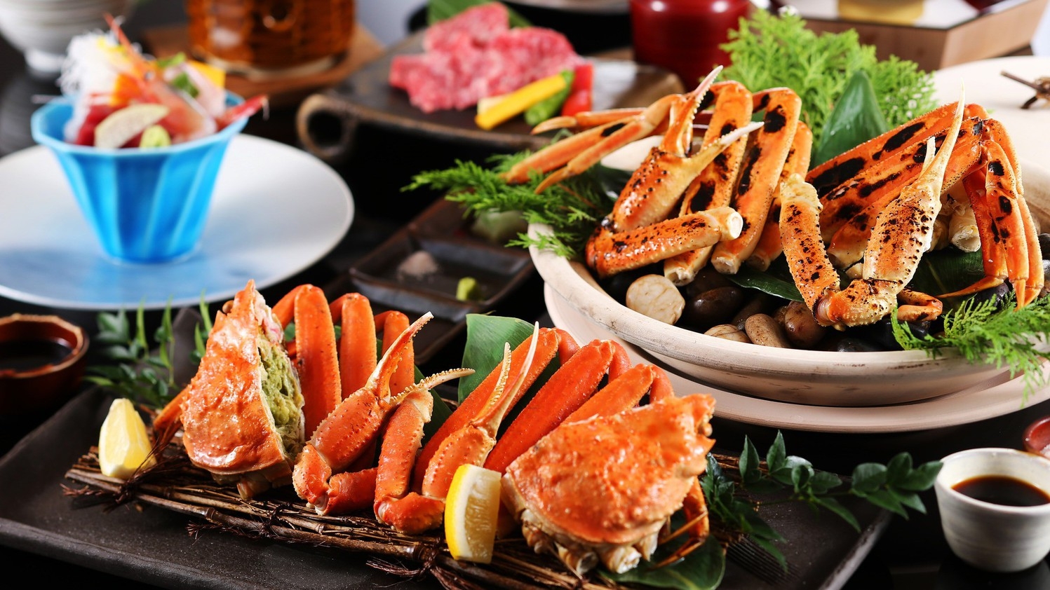 【冬/カニ2品＆但馬牛】ズワイガ二2品（茹で・焼き）×但馬牛陶板焼き60g付