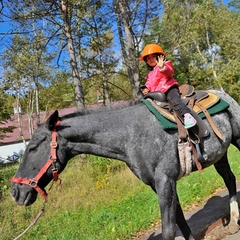 【アクティビティ】乗馬体験＝ひとりでできるもん！＝初めてのお馬さんにまたがって初乗馬の女の子、すごい