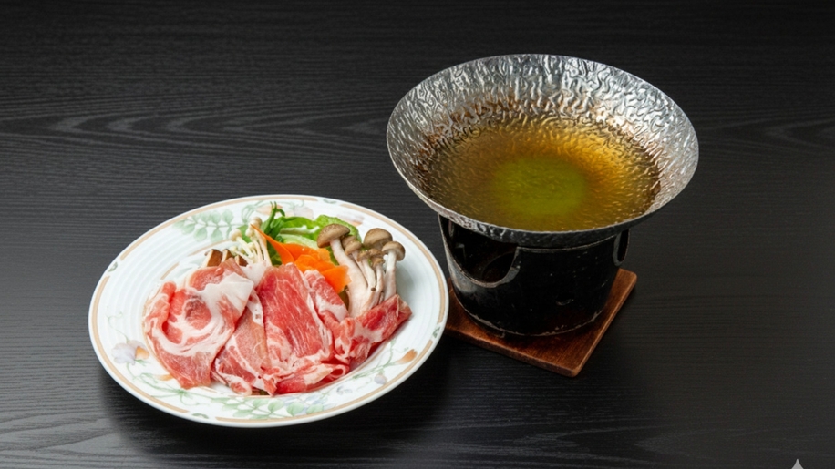 【人気】選べるメイン料理プラン｜川根茶の豚しゃぶ／軍鶏鍋／和牛の鉄板焼き／ニジマス味噌焼き