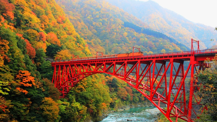 【黒部峡谷鉄道】紅葉と新山彦橋を走るトロッコ電車（10月中旬～11月中旬）
