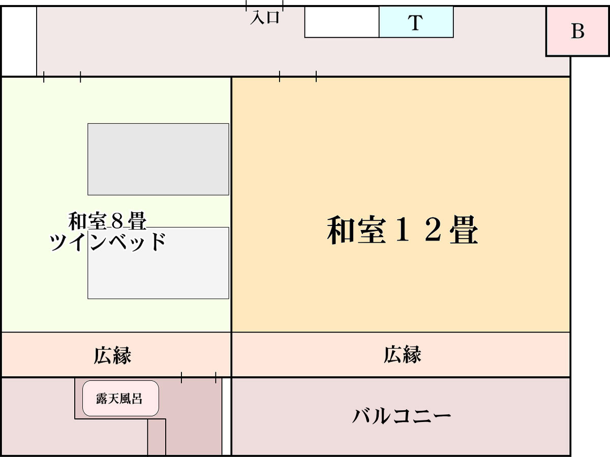 【二間部屋Ｂ／露天風呂＆バルコニー】海側和室12畳+和室ツイン