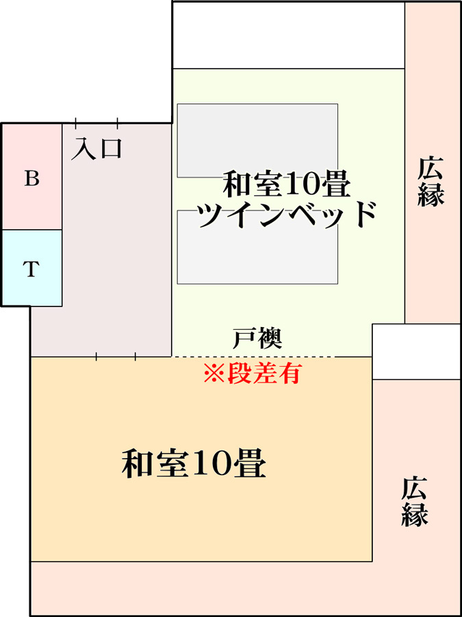 【二間部屋C／コーナールーム】海側角部屋１０畳＋和室ツイン｜平面図