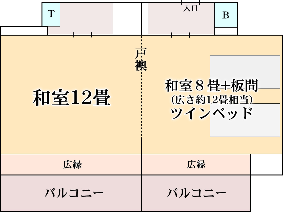 【二間部屋A／バルコニー付】海側和室１２畳＋和室ツインベッド平面図