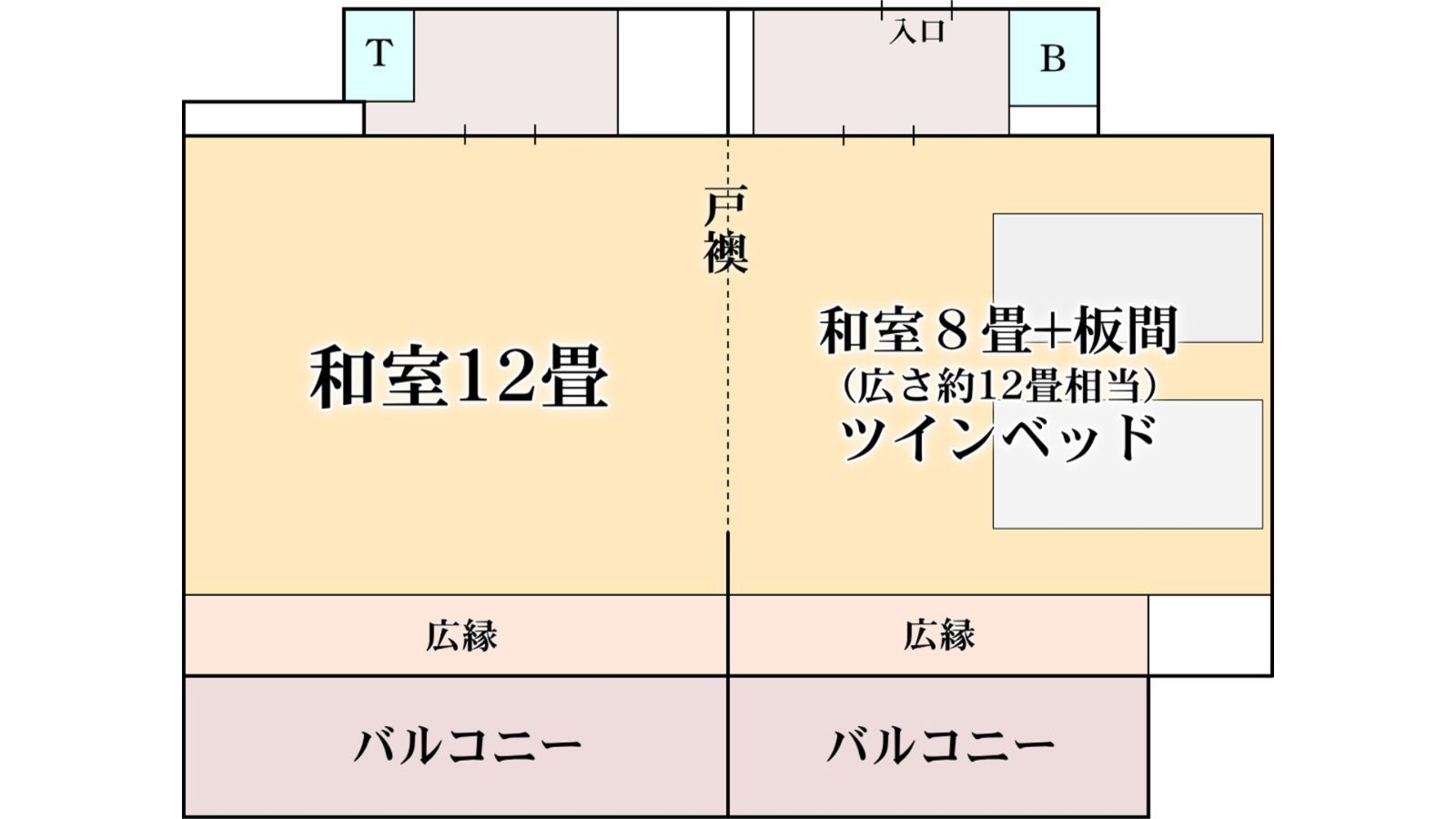 【二間部屋A／バルコニー付】海側和室１２畳＋和室ツインベッド平面図