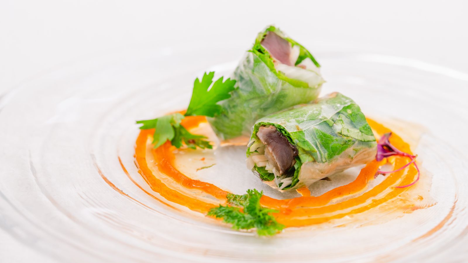 山陰沖獲れかつおのたたきを使った生春巻き 　～柿のピュレとスウィートチリソース～