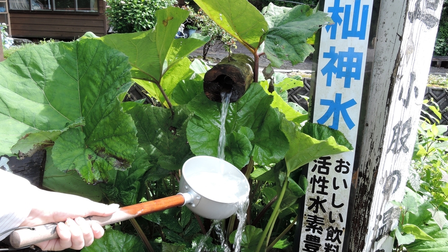 *施設周辺「杣神水」／当館目の前にある、とっても美味しい湧き水です。ご自由に汲んでいただけます。