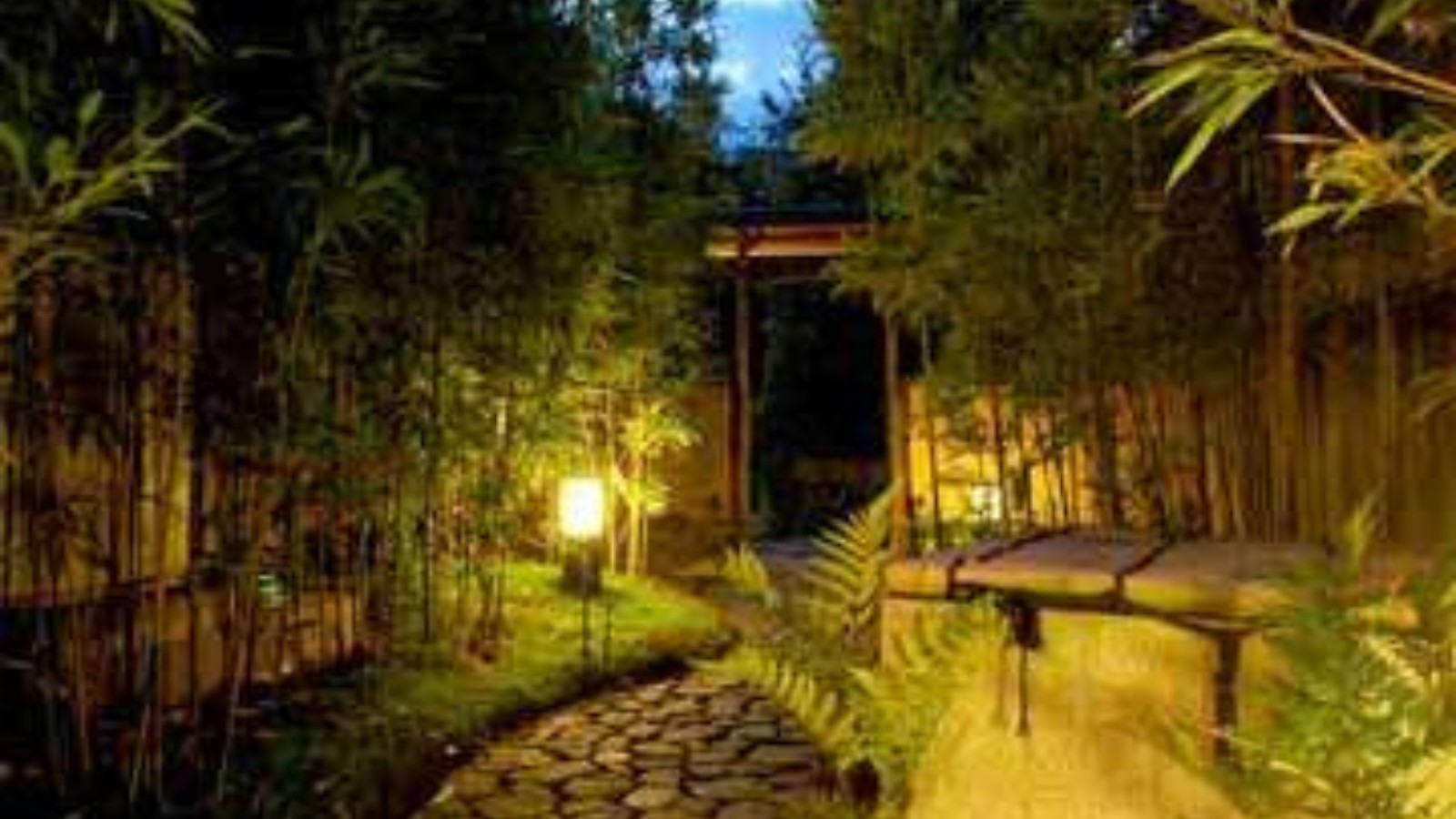 【閑雅の庭】夜はライトアップされ、昼間と違った雰囲気の庭園。