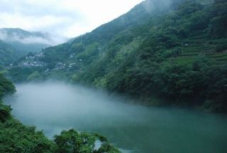 霧のかかる仁淀川　集落と茶畑①