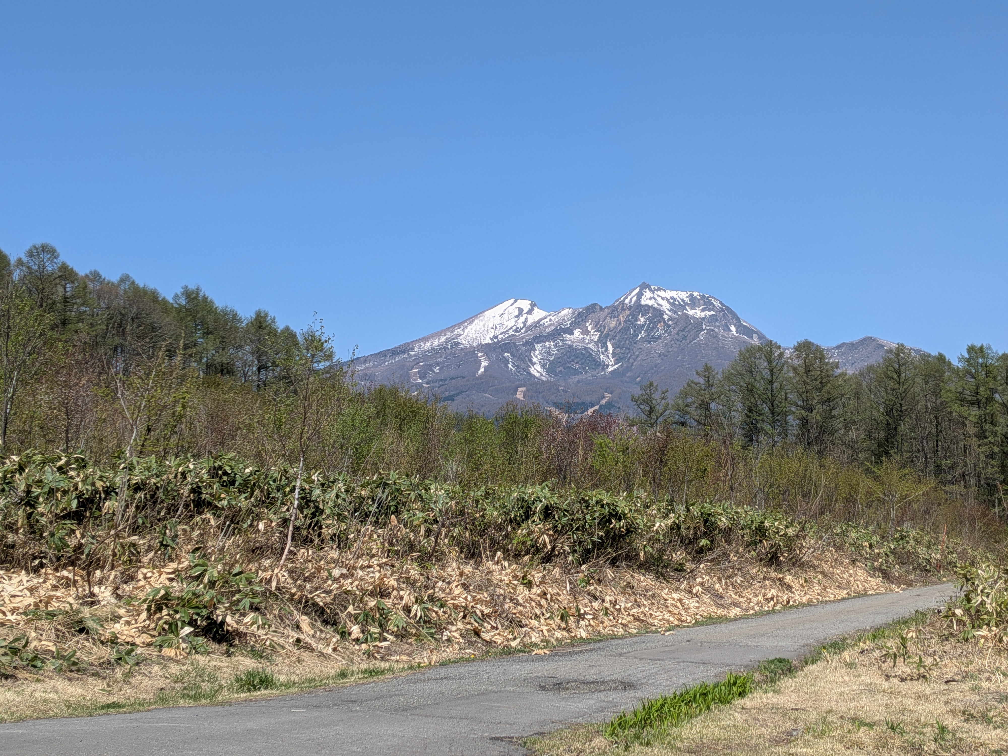 お宿から見える残雪の妙高山