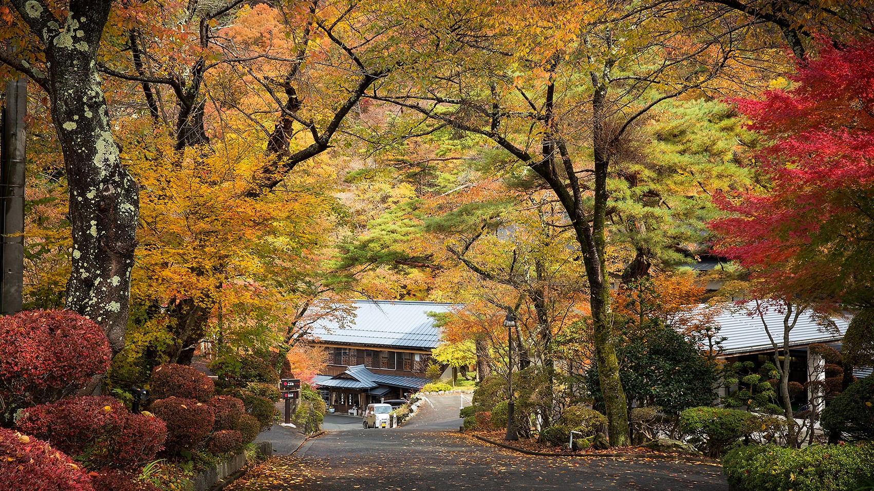 紅葉の頃　県道からの坂を下ってお大沢温泉へ