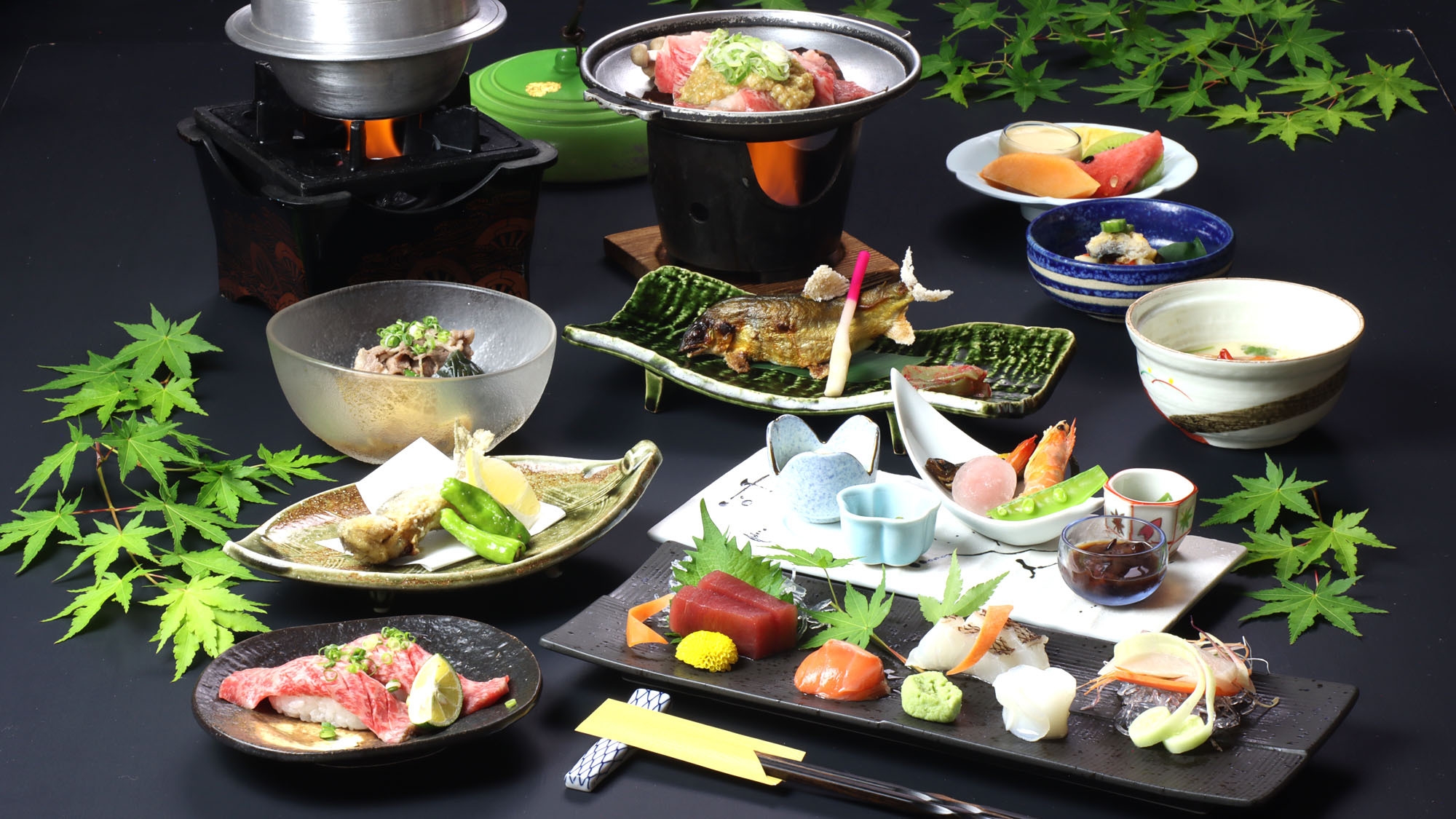 ■【プレミアム】飛騨牛の朴葉味噌焼き×飛騨牛炙り握り×幻の米-龍の瞳-釜飯］×お造り五種盛二食付き