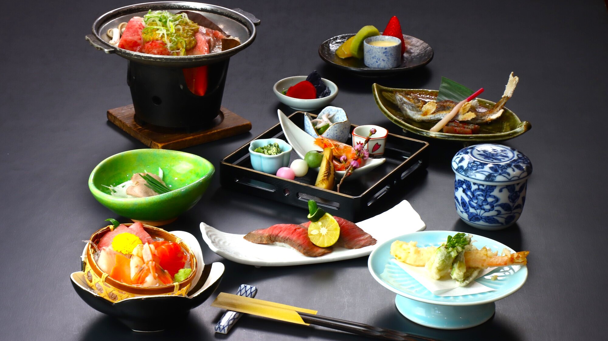 ★【特選味覚会席】一例　飛騨牛の朴葉味噌焼き×飛騨牛炙り握り×お造り四種盛り 