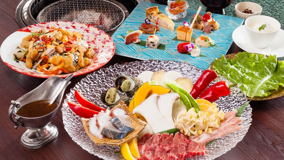＜炭火焼グリル島宝＞特選牛と海幸の旨みを封じ込め焼き上げる炭火焼コース＆朝食バイキング