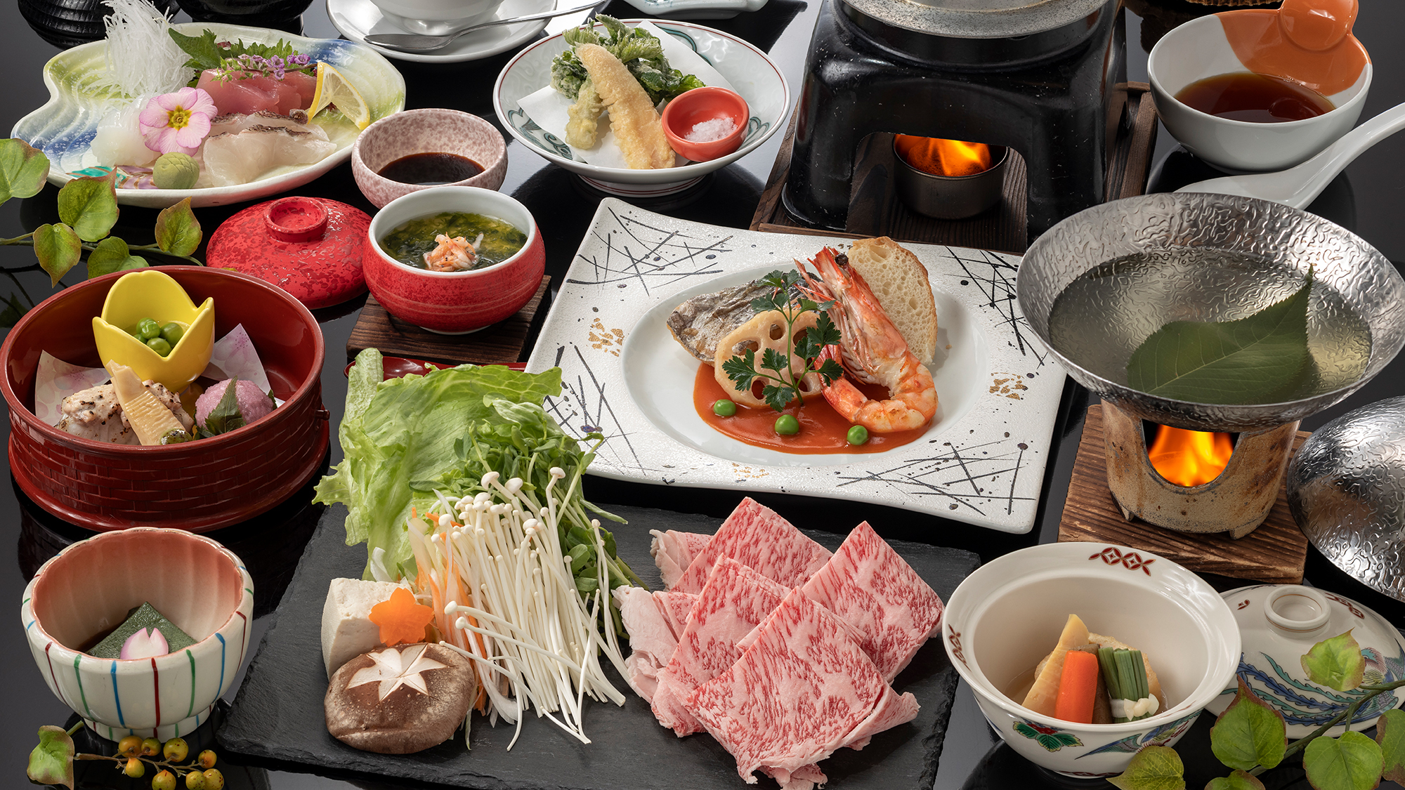 【ご夕食例】長崎和牛と旬彩会席※イメージ（時期によって変更する場合がございます）