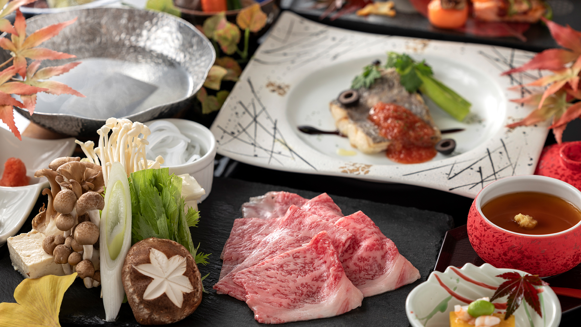 【ご夕食例】長崎和牛と旬彩会席※イメージ（時期によって変更する場合がございます）