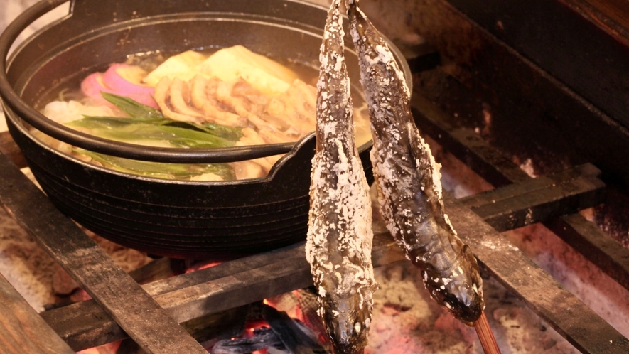 鴨鍋と岩魚の炭火焼