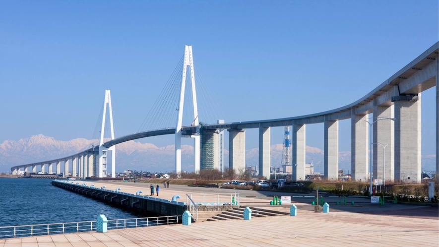 【新湊大橋】あさひやよりお車で30分。ドライブでも歩いても絶景が楽しめる日本海側最大級の斜張橋です。