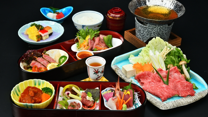 （愛犬と宿泊）全5品の牛料理とお刺身が彩る１ランク上の贅沢ディナー！飛騨牛尽くし御膳！