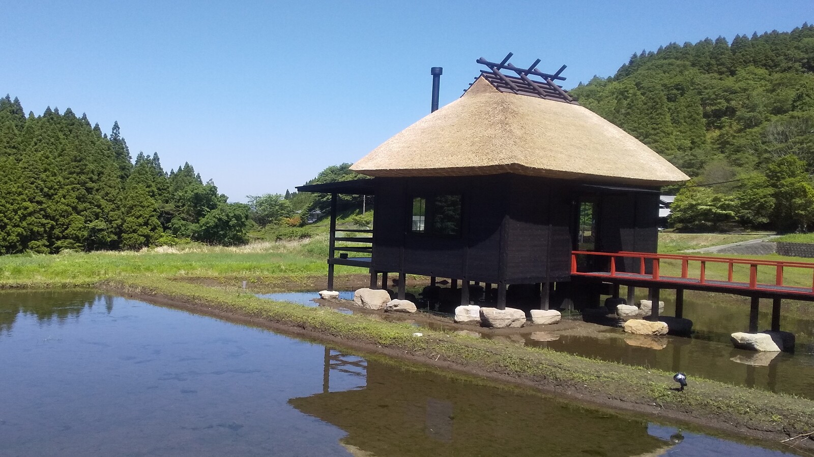ご当地阿蘇郷の自慢物をご用意した田んぼに浮ぶご当地茅葺きカフェ。お二人で田んぼの畦道お散歩をお楽しみ