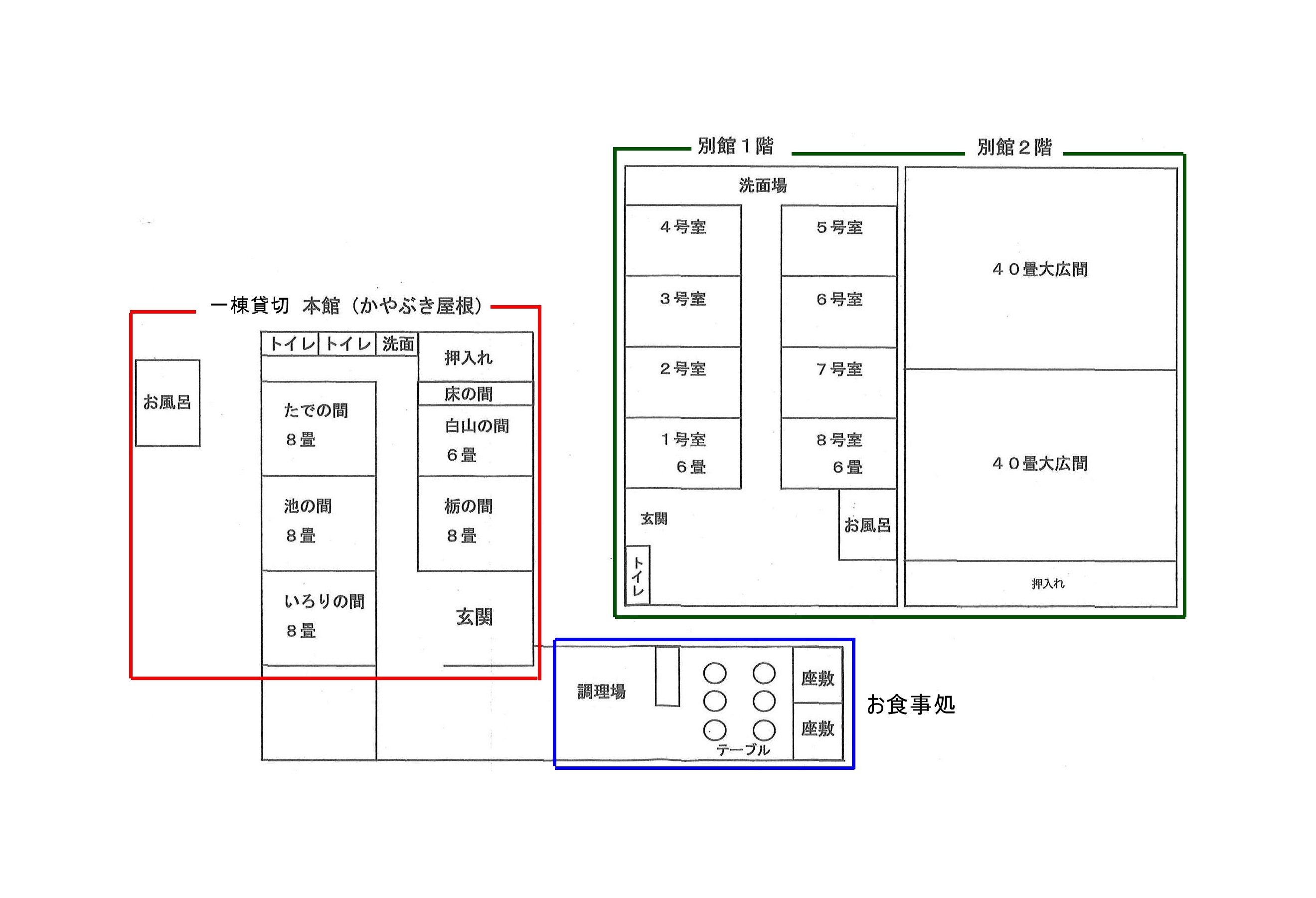 平面図　本館は一棟貸し・別館は通常和室のご宿泊となります。※別館は茅葺屋根ではございません。