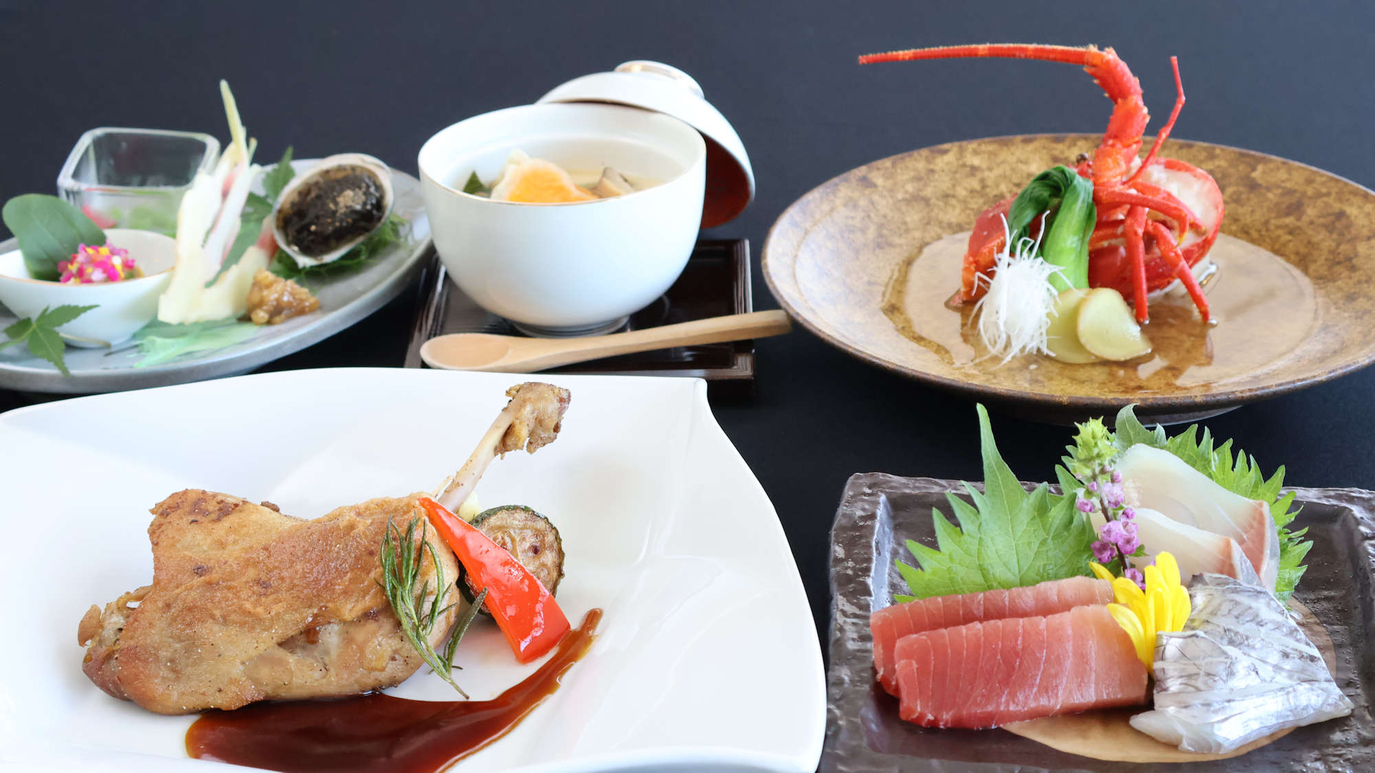 料理イメージ（あい鴨のコンフィと伊勢海老の具足煮をチョイス）