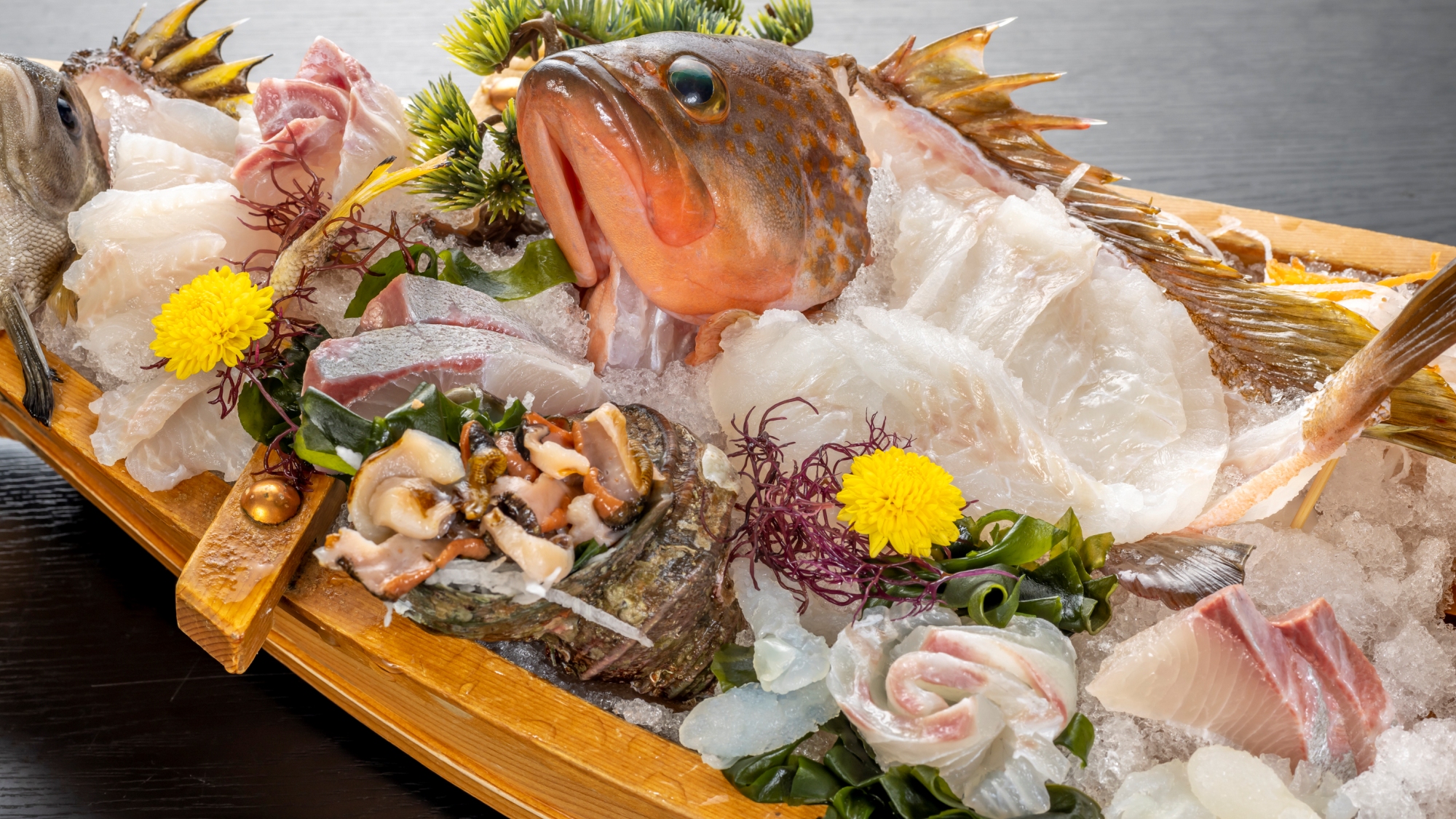 【夕食】＜御造＞瀬戸内地魚の活造り(舟盛り)<来島鯛・幻のあこう等舟盛り付プラン＞