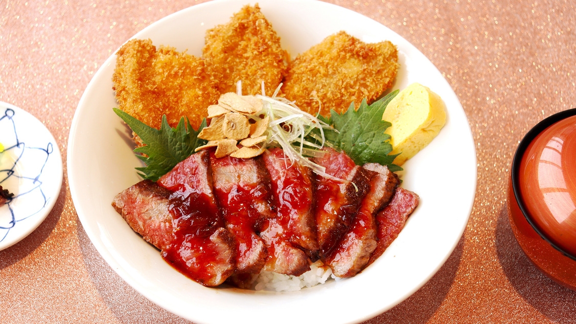 【2食付（お肉丼）】石見の和牛ステーキと、石見ポーク和風フィレカツの贅沢おろち丼を堪能