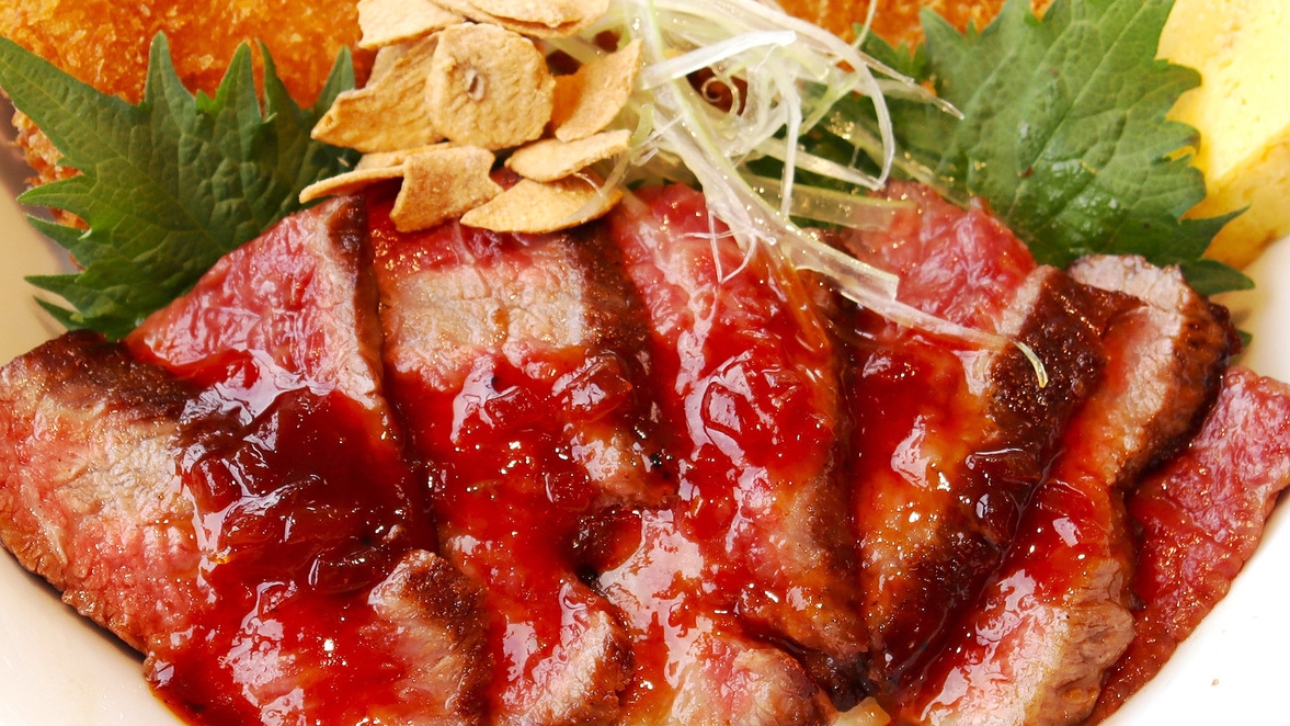 【2食付（お肉丼）】石見の和牛ステーキと、石見ポーク和風フィレカツの贅沢おろち丼を堪能