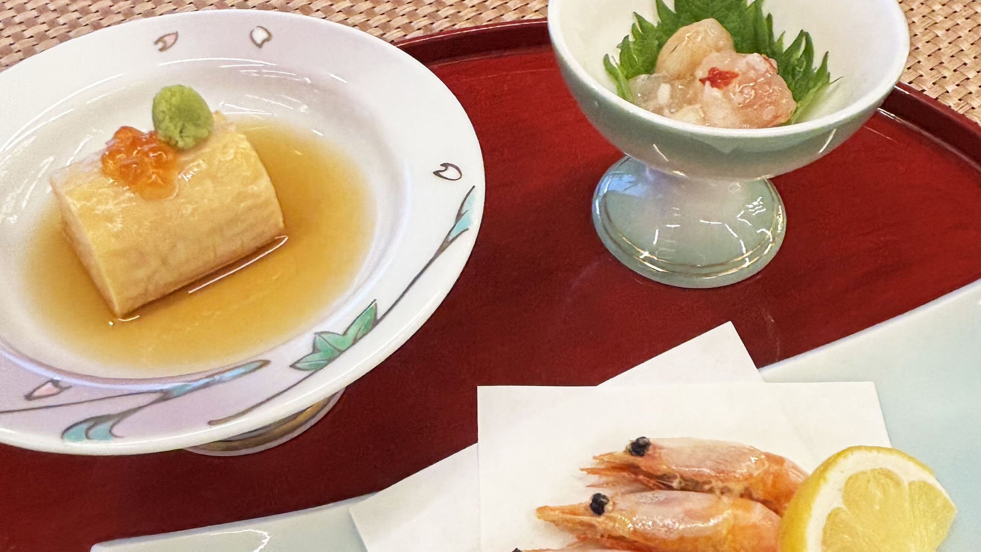 【南蛮海老会席-前菜三種】（湯葉巻き、麹漬け、唐揚げ）