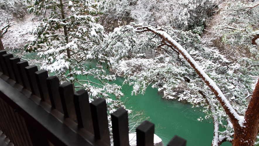 *【雪化粧】冬の客室から望む天竜峡