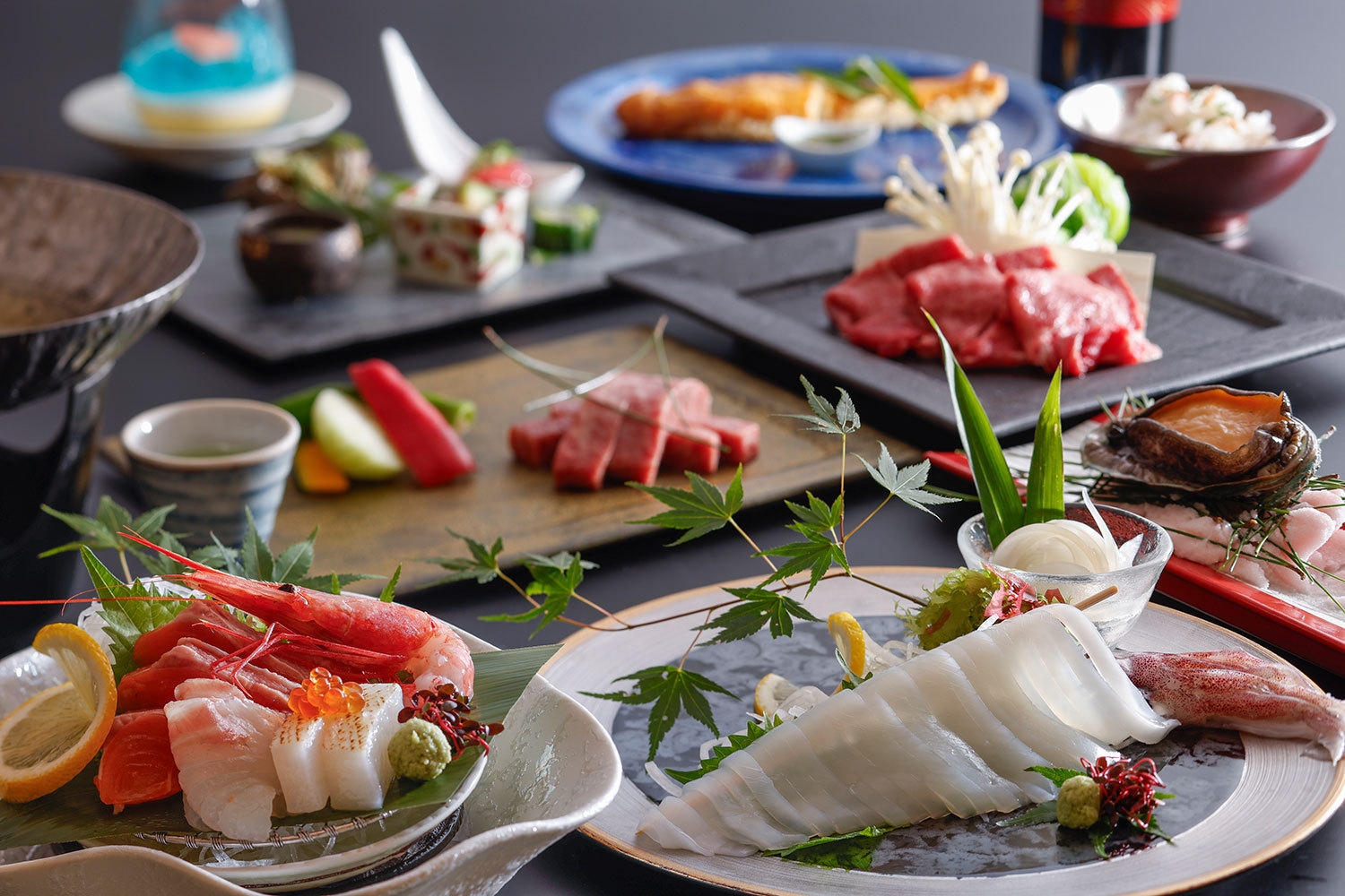【季節限定☆白イカ懐石】旬の今だけ！白イカ姿造り＆但馬牛ステ−キ＆但馬牛しゃぶ＆活アワビ【楽天限定】