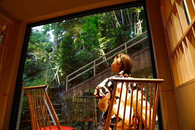 お食事処【TAJIMA】ライトアップされた竹林を眺めることができます。