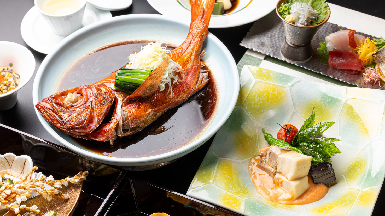 【定番「白銀」】伊豆の恵みを直送！金目鯛煮付・新鮮魚介の刺盛り・熱川ブランド豚の舌提み会席プラン