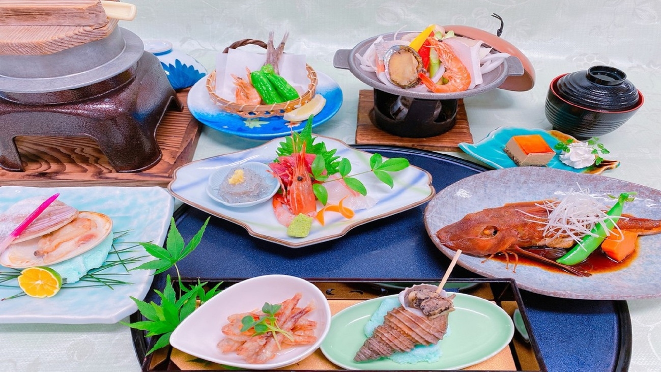 【お日にち限定　旬の地魚おまかせプラン２食付き】・海鮮陶板焼とはまぐり焼き・鯛海鮮釜飯
