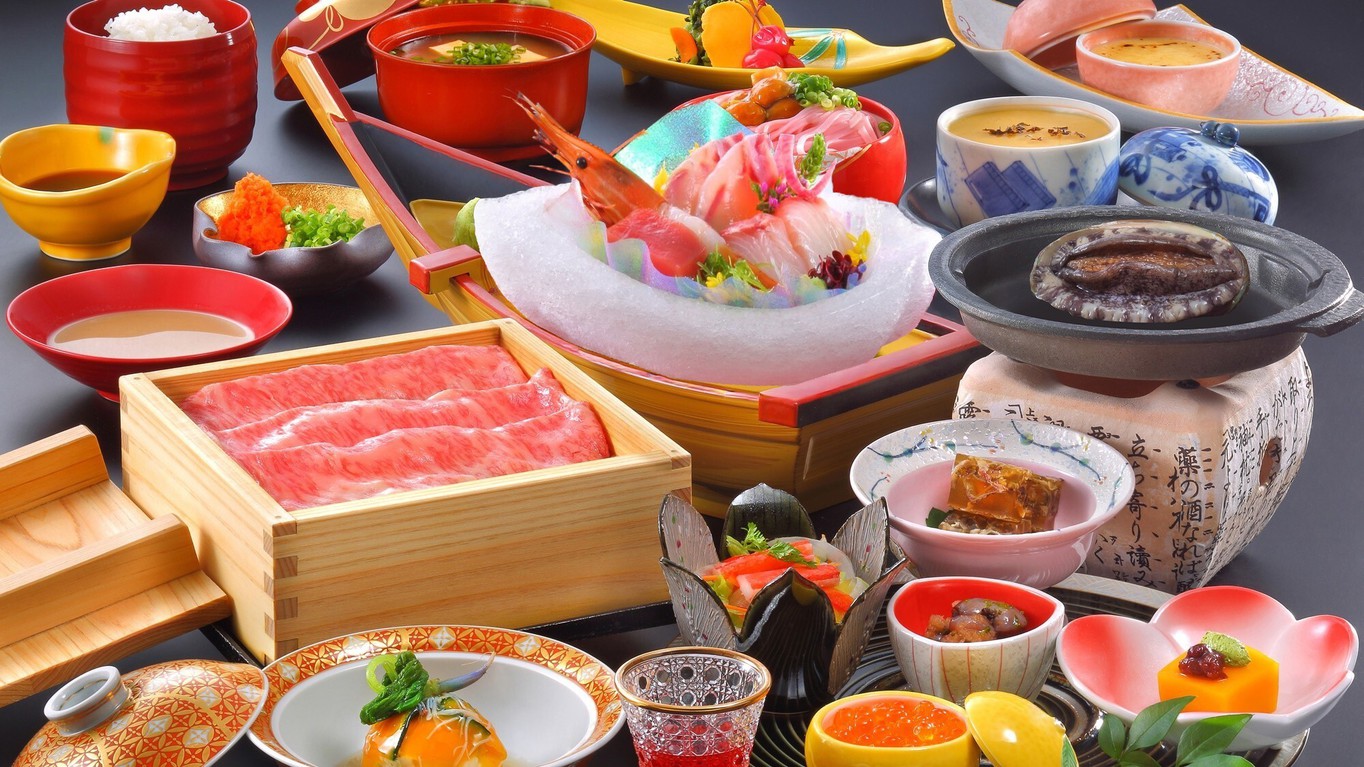 【夕食】活アワビ陶板焼き＆山形牛温泉蒸し付和会席＜冬＞※イメージ