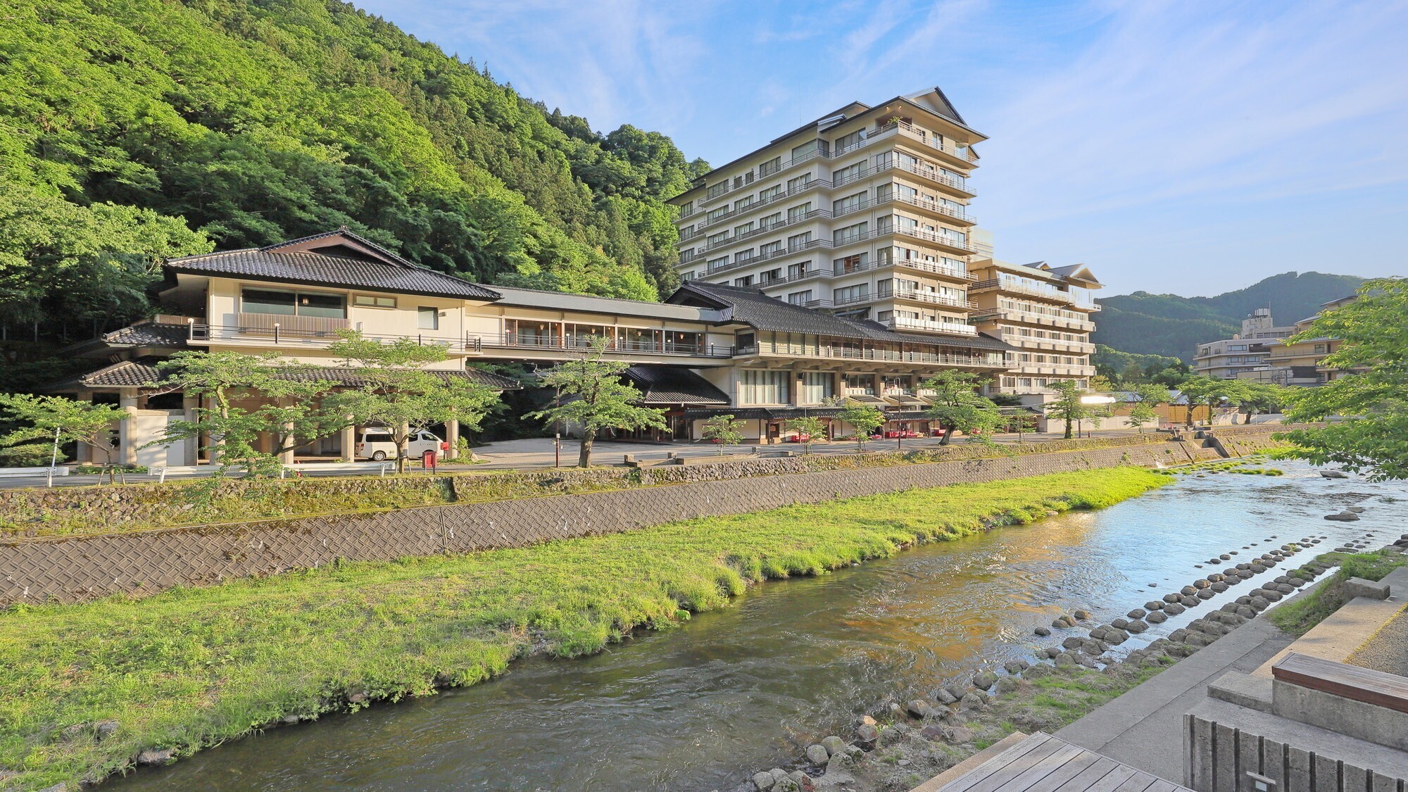 【萬国屋の全景】温海川沿いの緑豊かな立地