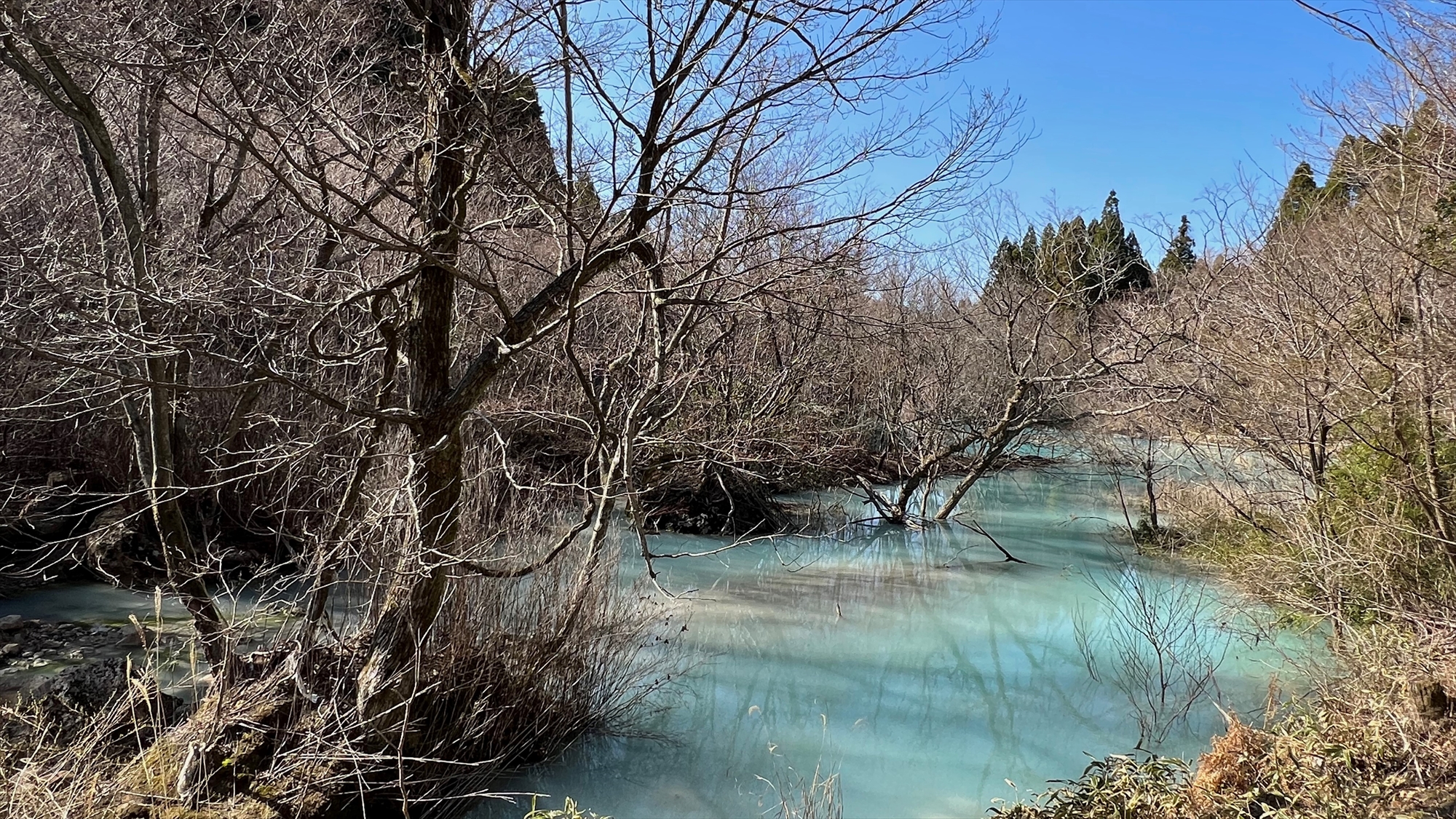 貸切風呂：露天風呂から眺める渓流。コバルトブルーの流れは神秘的です。