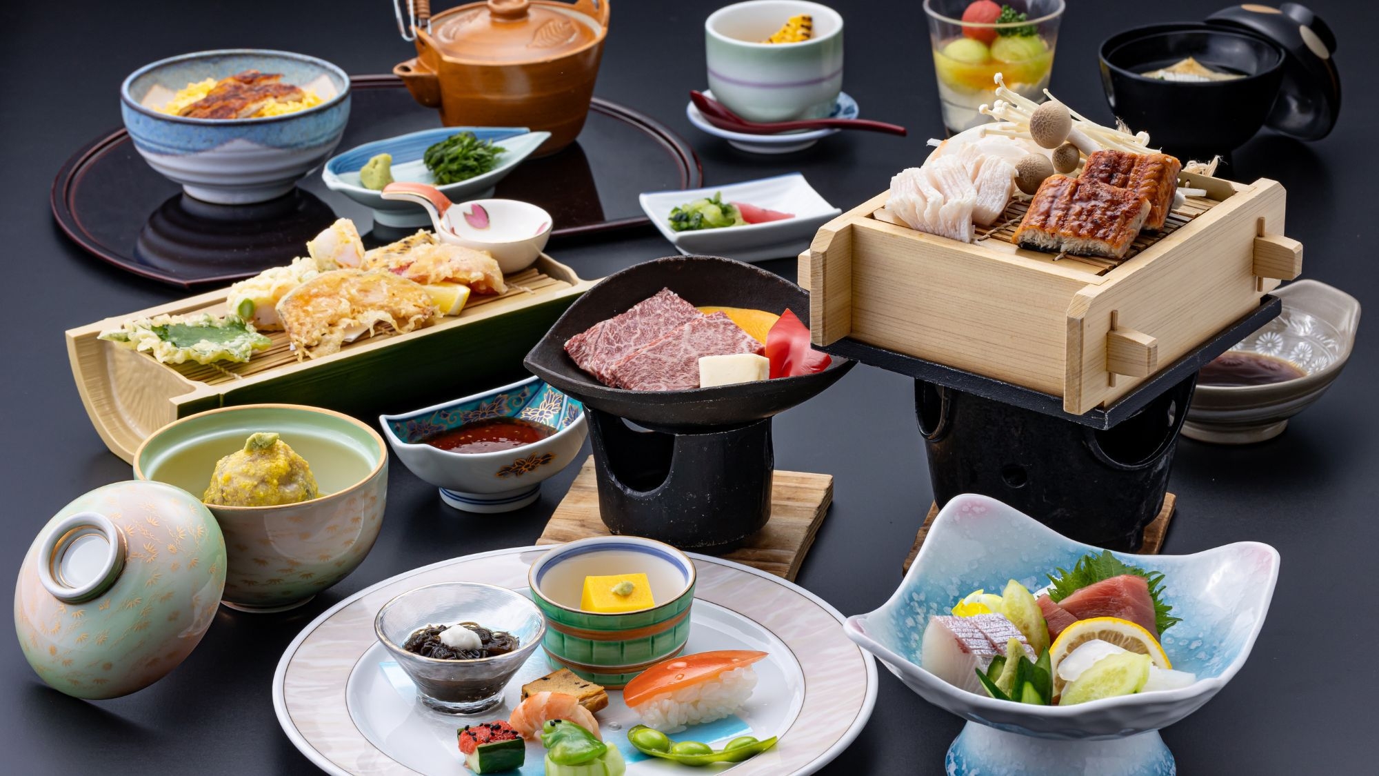 【夏のおすすめ会席】鰻と鱧の蒸籠蒸し・牛肉の鉄板焼き 旬会席【夕朝食付】